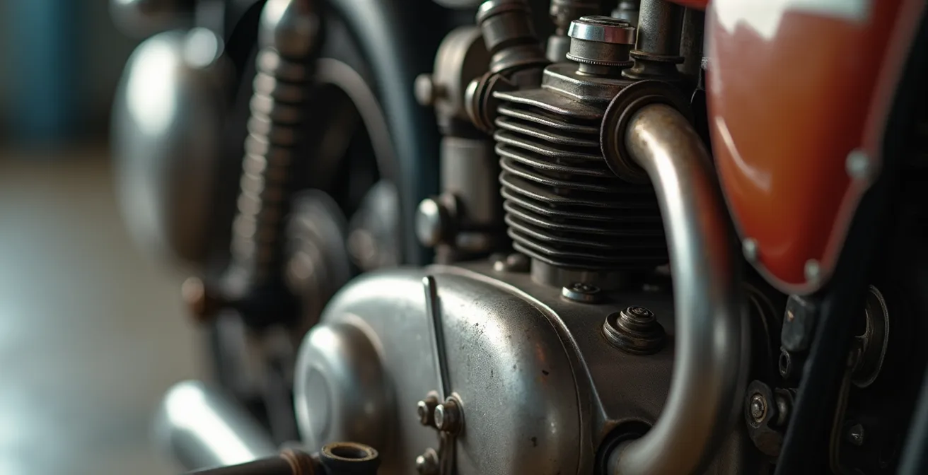 Gros plan détaillé sur une pièce de moto ancienne restaurée mettant en valeur sa texture et ses finitions