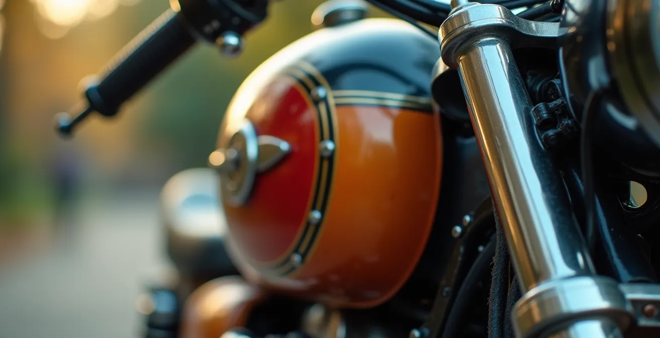 Macro photographie très détaillée d'une surface de moto restaurée illustrant la texture et la qualité des matériaux