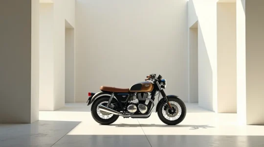 Photographie éditoriale d'une moto de collection vintage dans un environnement minimaliste avec un fond épuré et un espace négatif important