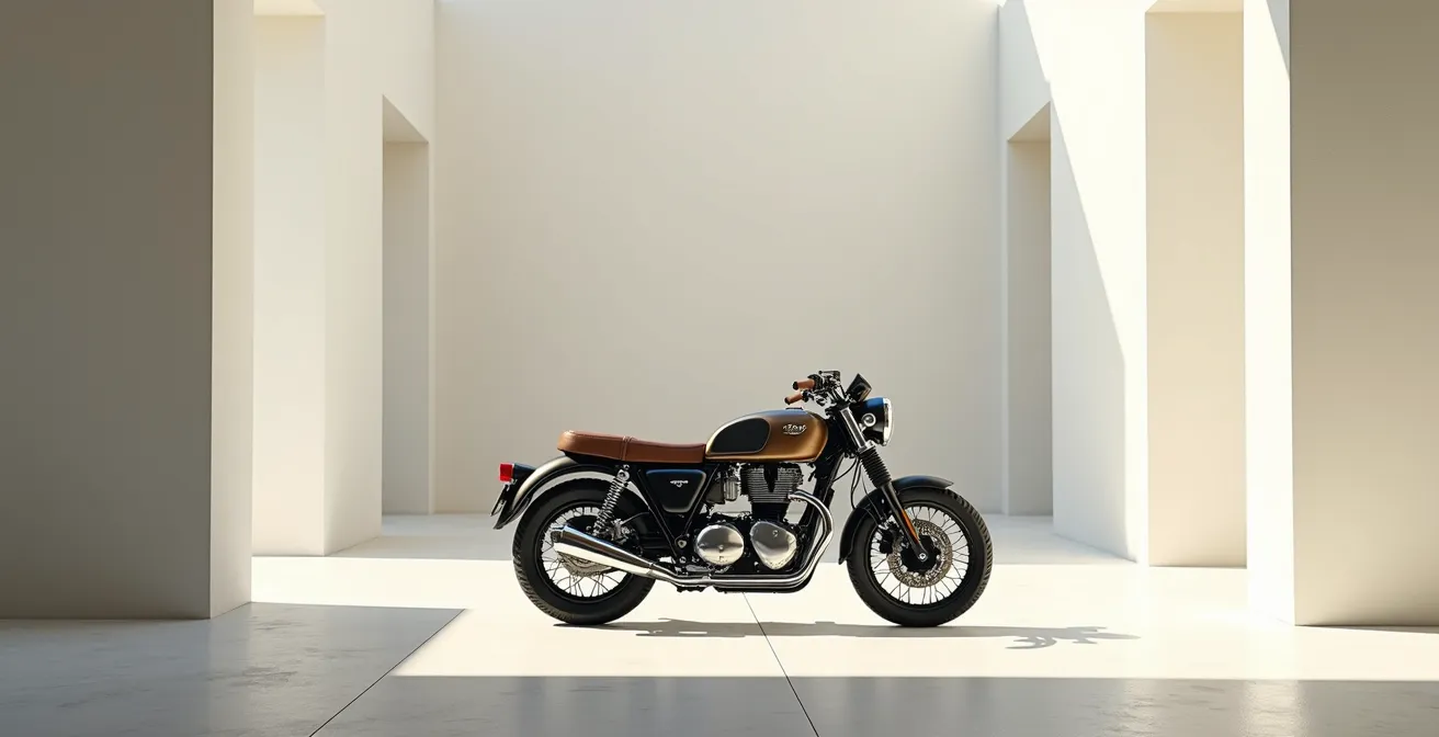 Photographie éditoriale d'une moto de collection vintage dans un environnement minimaliste avec un fond épuré et un espace négatif important