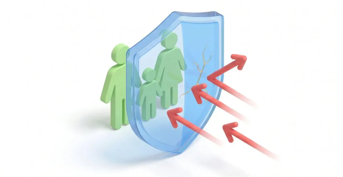 Illustration 3D d'un bouclier transparent protégeant une famille des flèches symbolisant les créanciers, avec une petite fissure sur le côté représentant les exceptions légales.