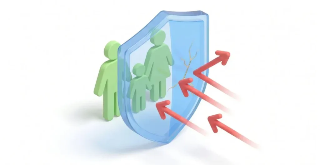 Illustration 3D d'un bouclier transparent protégeant une famille des flèches symbolisant les créanciers, avec une petite fissure sur le côté représentant les exceptions légales.
