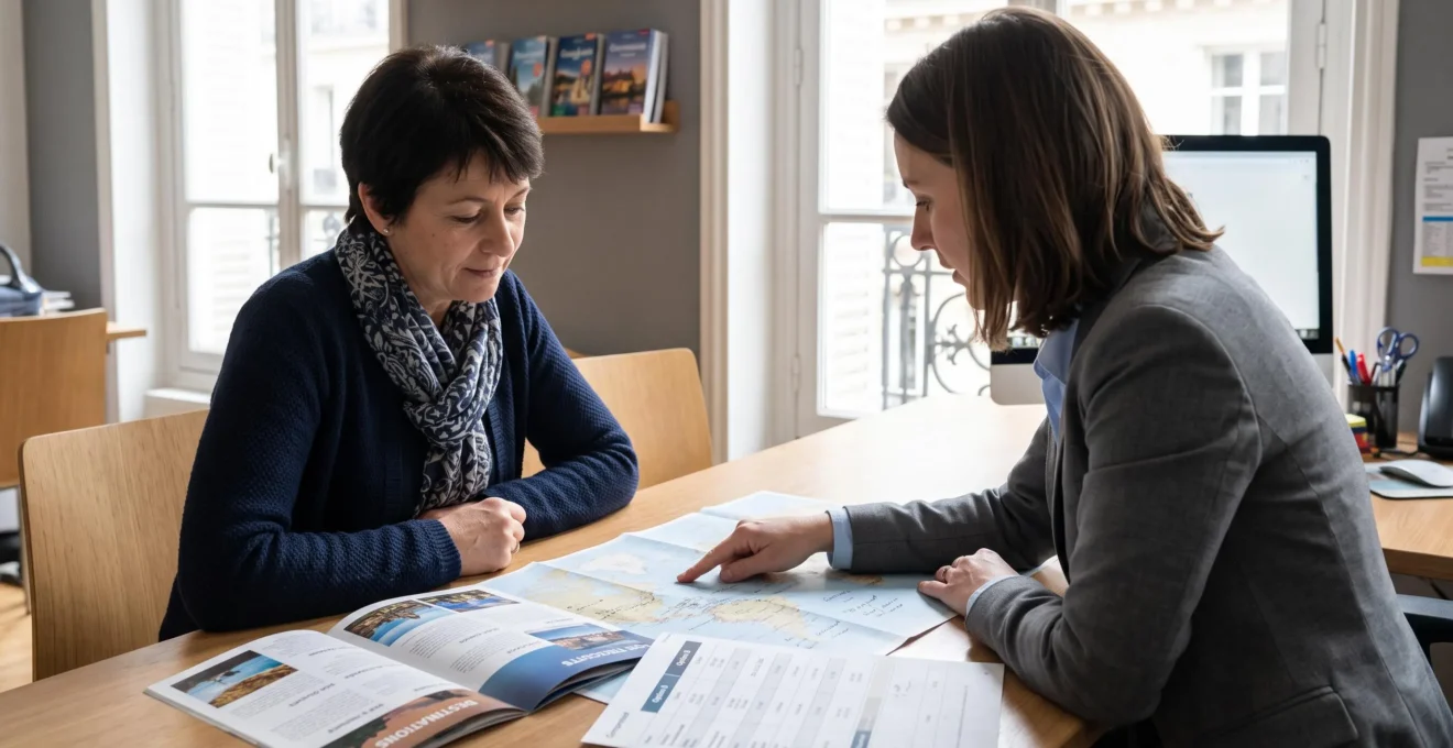 Un conseiller agence de voyage montre une zone du monde sur une brochure à un client assis en face de lui.