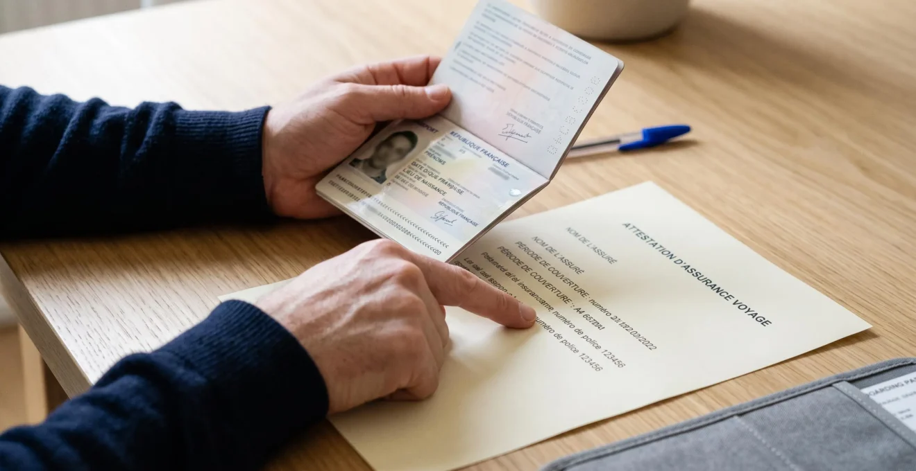 Une personne pointe du doigt une ligne imprimée sur un certificat d'assurance, un passeport ouvert à côté.