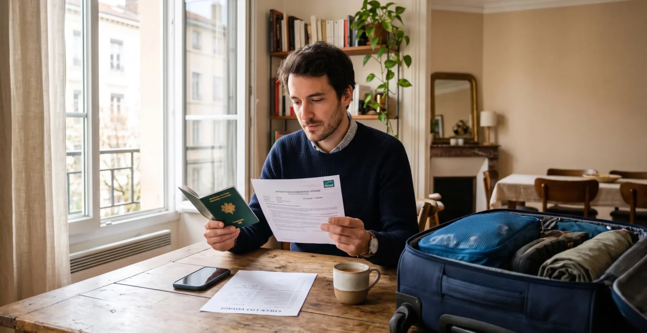 Un voyageur lit une attestation d'assurance et son passeport à une table, une valise ouverte à côté de lui dans un appartement.